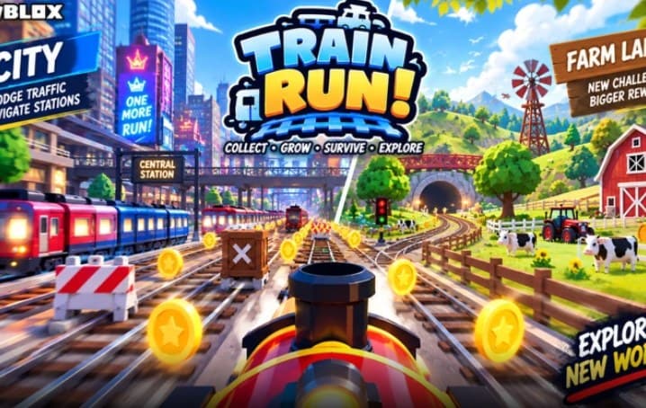 Train Run, a Roblox game: city and farm worlds with coins on the tracks